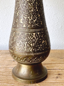 Vintage Solid Brass Etched Flower Vase from India | Floral and Leaf Pattern Aged Brass | Boho Chic Home Decor | Mother's Day Gift for Her