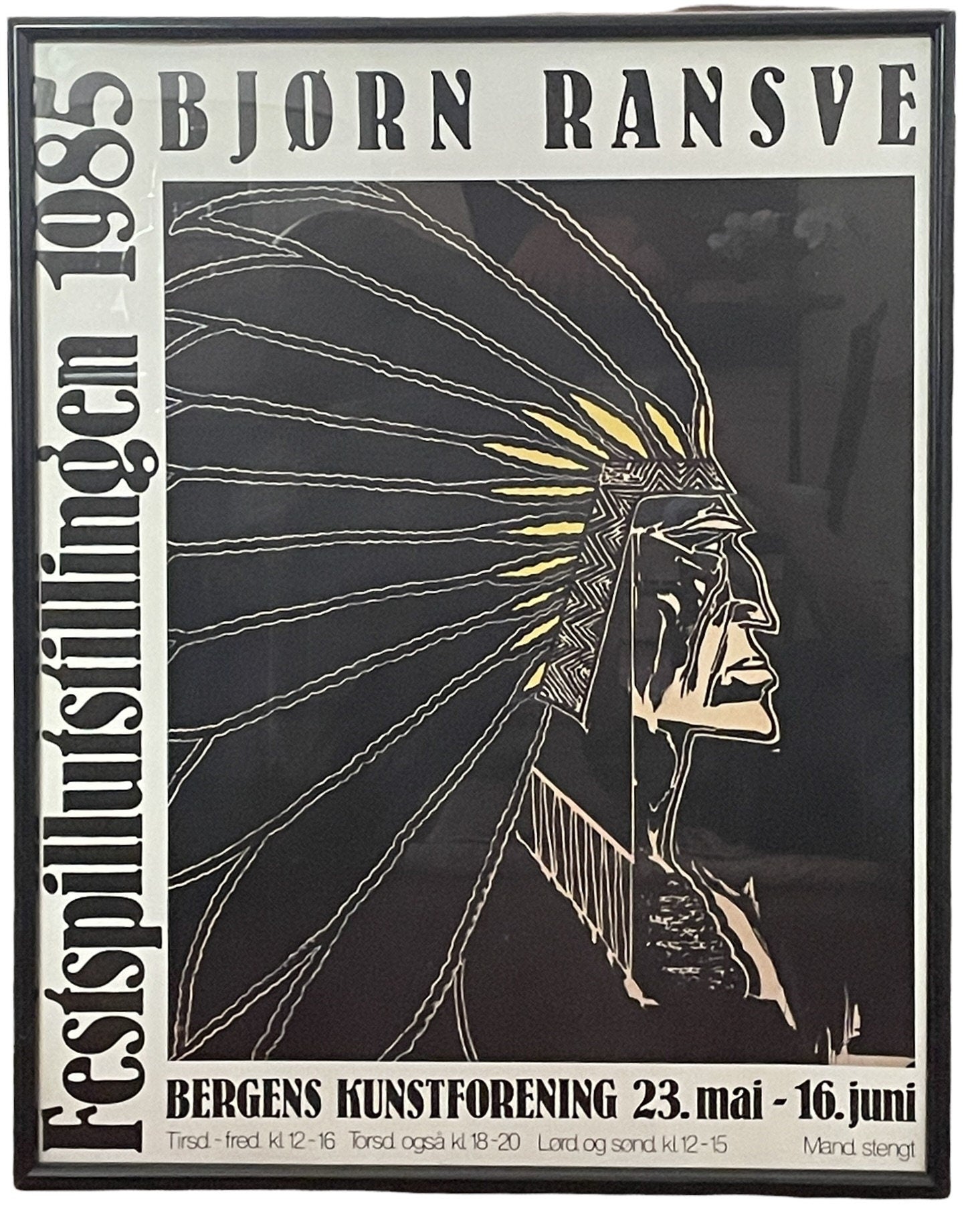Rare 1985 Bjørn Ransve Norwegian Art Gallery Poster in Black Frame 28" X 35" | Native American Chief Wall Art Print | Contemporary Decor