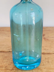 Vintage Blue Glass Etched Seltzer Bottle Bar Decor | Kauffman Bev. Co. Barware Home Decor