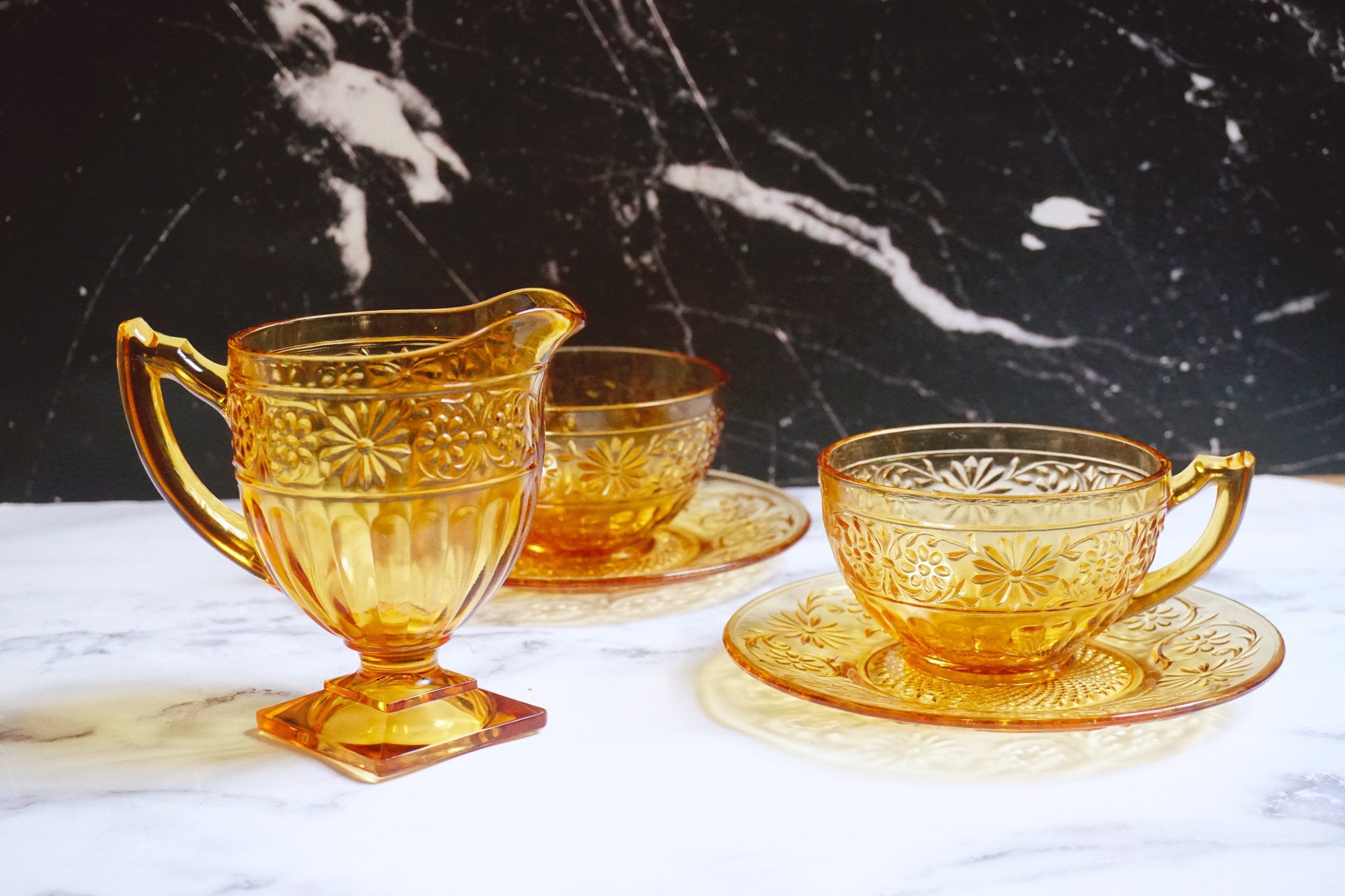 Vintage Amber Depression Glass Set In Daisy Pattern | Cup, Plate, Bowl, Creamer, Goblet, Serving Dish by Indiana Glass