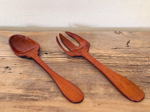 Pair of Vintage Hand Made Haitian Mahogany Wood Salad Servers | Mid Century Design Salad Spoon and Fork Set | Housewarming Gift