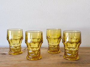 Vintage Amber Georgian Pattern Tumblers in Set of 2 or 4 | Mid Century Yellow Colored Pressed Glass | Drinkware Barware Cocktail Glasses