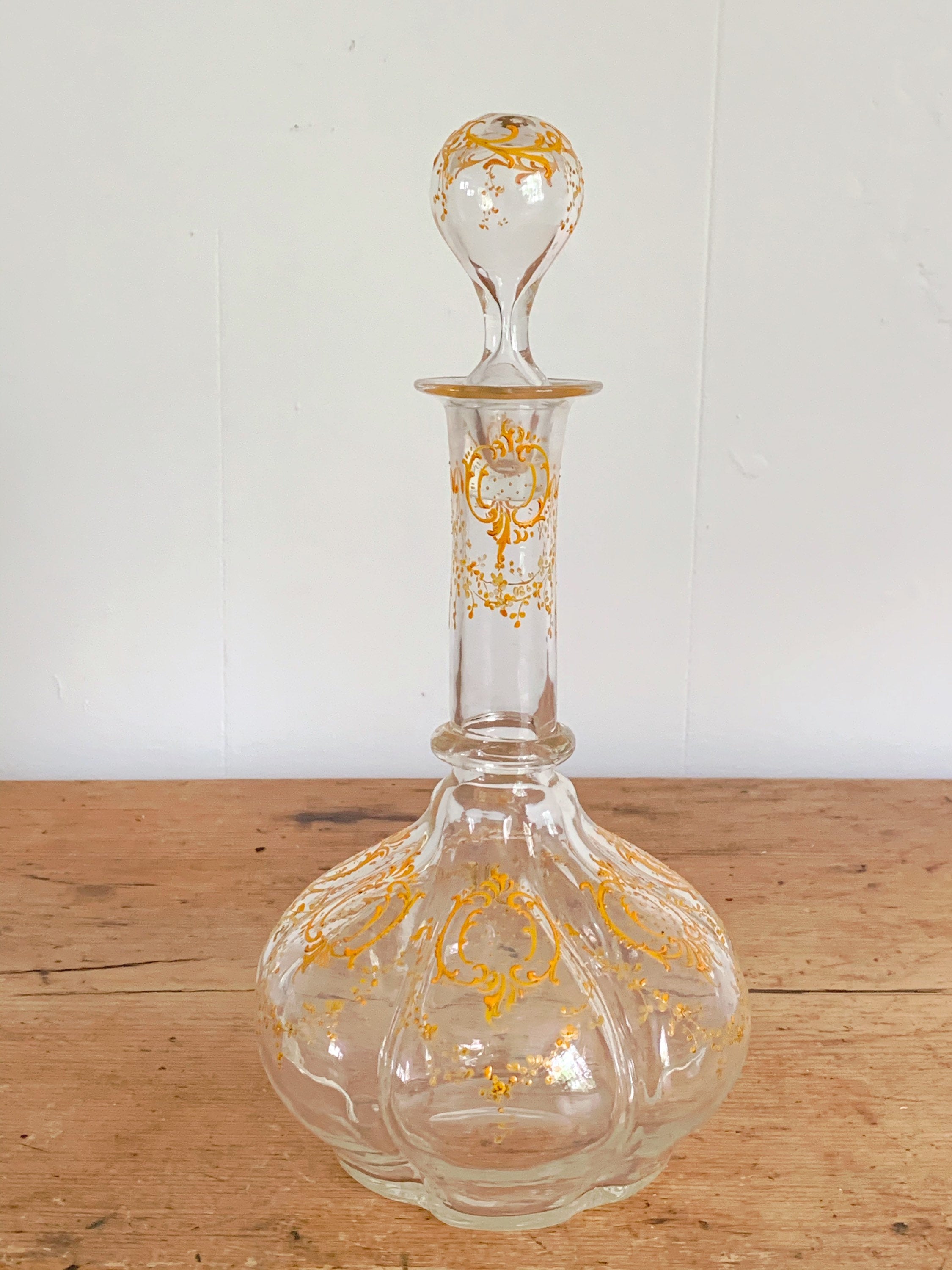 Antique 18th Century Hand Blown Glass Decanter with Gold Enamel Paint and Blown Glass Stopper | Liquor Decanter Barware Gift for Her