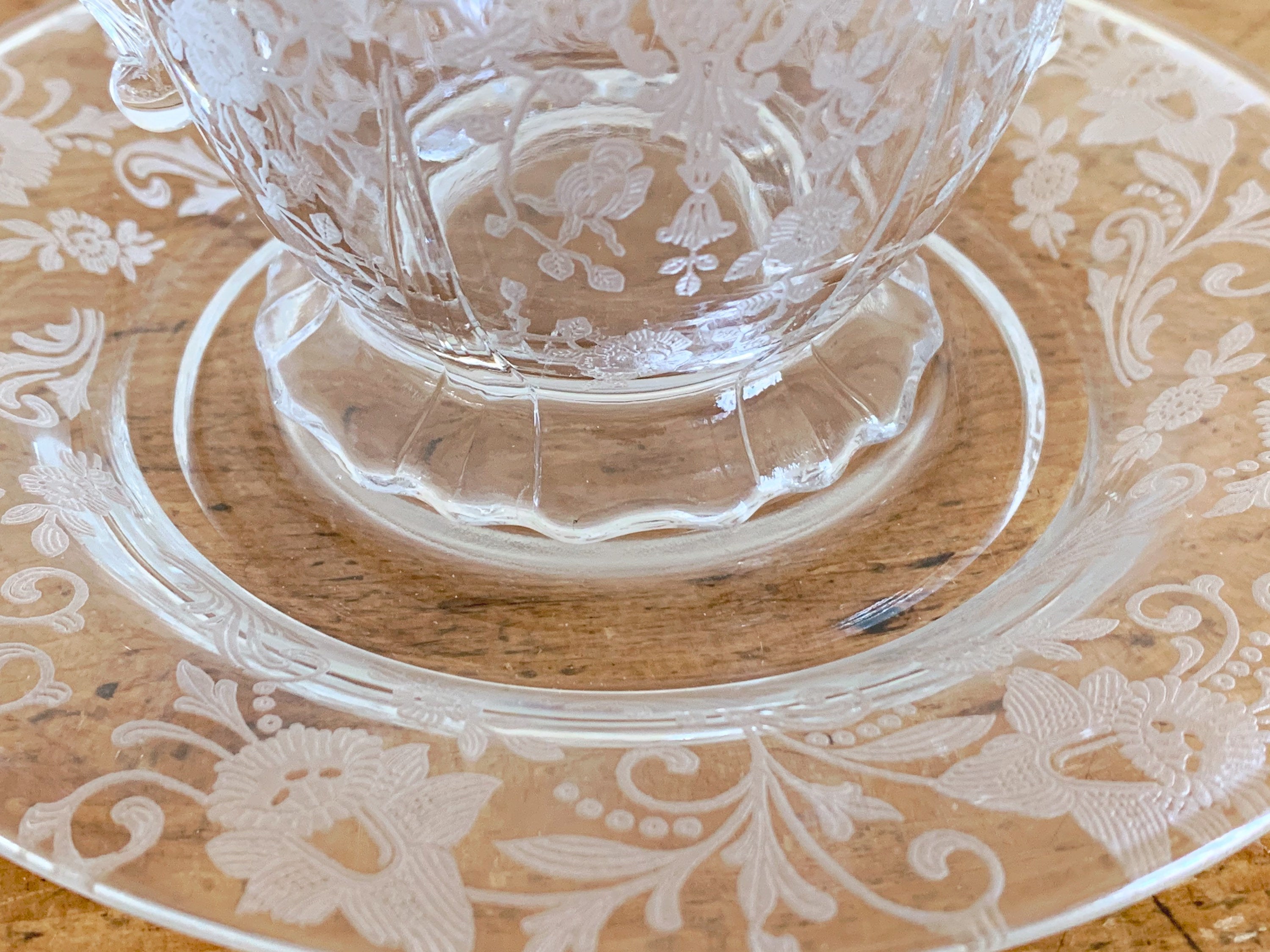 Vintage 1940s Cambridge Glass Sugar Bowl Rose Point Etch Pattern and Saucer | Depression Glass Mix Match Tableware Afternoon Tea