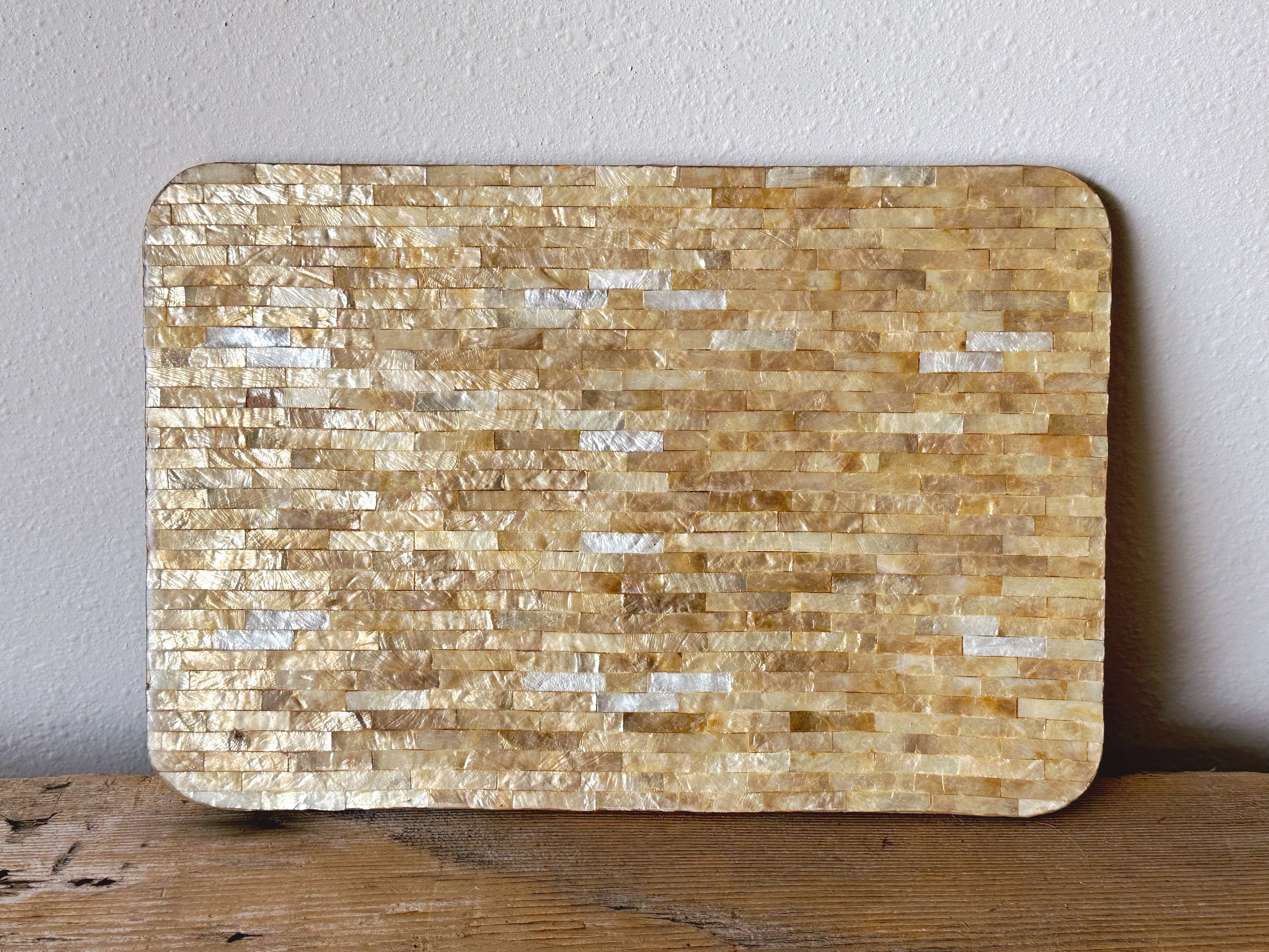 Vintage Mother Of Pearl Mosaic Rectangle Table Mat Placemat | Holiday Party Drink Serving Tray | Wedding Table Decor Housewarming Gift