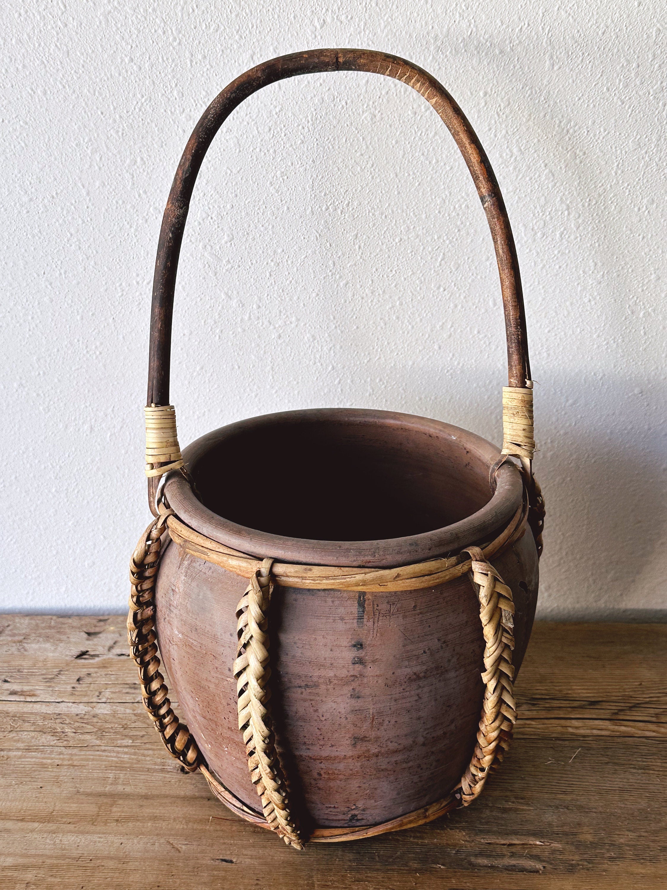 Vintage Hand Made Folk Art Pottery Basket with Handle | Rustic Southwestern Style Home Decor Clay Vase with Weaved Straw | Table Centerpiece
