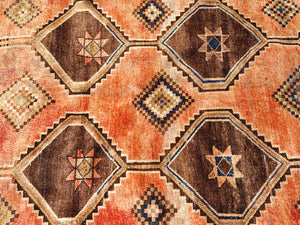 Vintage 1930s Hand Woven Qashqai Tribal Wool Rug in Pink 9x4 ft | Boho Chic Yalameh Serapi Heriz Geometric Pattern Area Rug