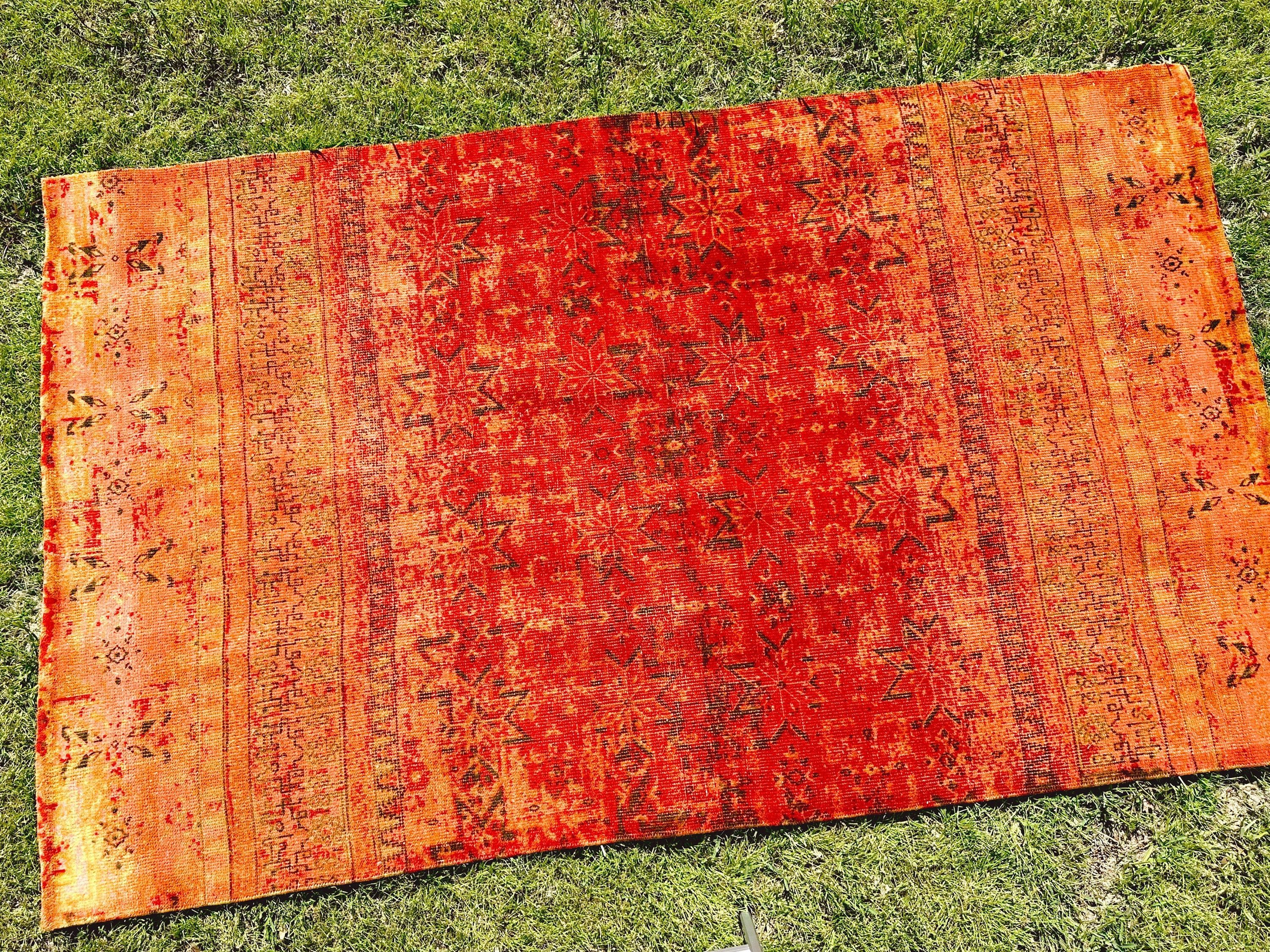 Vintage Inspired Wool Rug in Red and Orange Gradient 8x4.5 ft | Boho Chic Modern Multicolor Geometric Pattern Living Room Area Rug