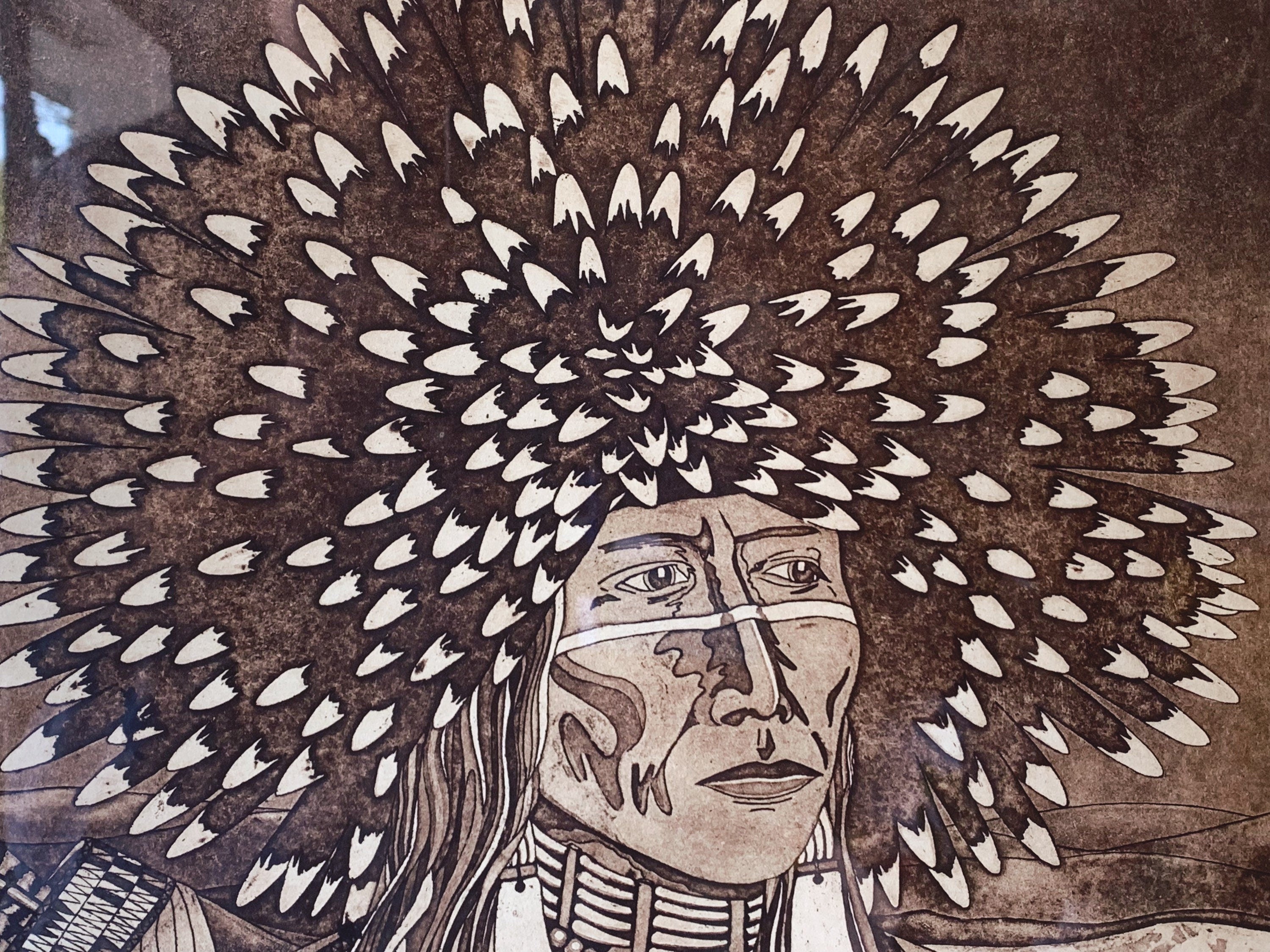 Large Vintage Southwestern Native American Print in Wooden Frame 28" X 35" Signed Murphy Broncho | Wall Art | Contemporary Decor