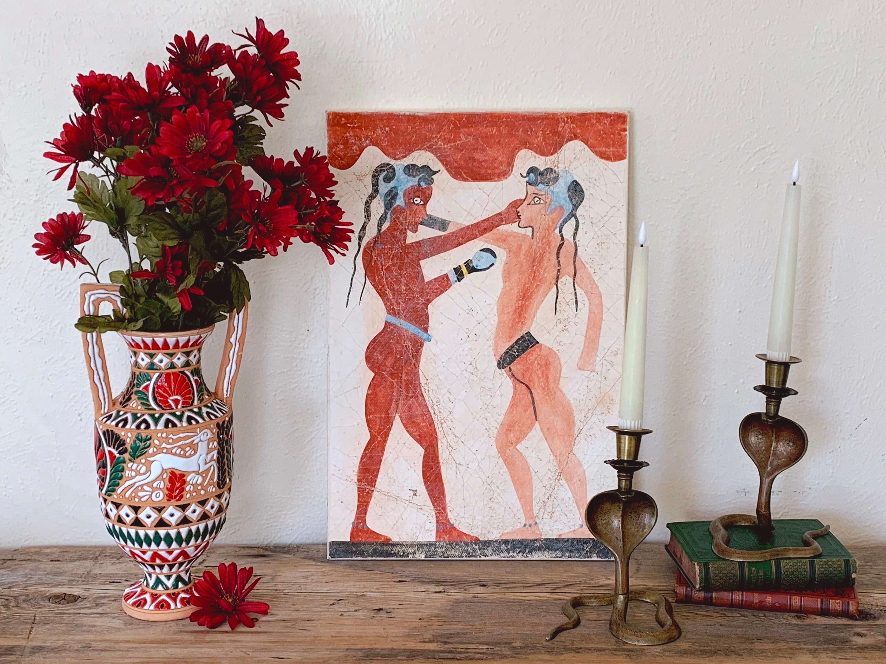 Vintage Hand Made Greek Fresco Painting of “The Boxing Children” from Akrotiri | Quirky Fun Wall Art Home Decor | Made in Greece